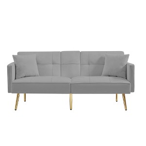 TIRAMISUBEST Grey Velvet Futon Sofa Bed-Convertible Sleeper with Gold Legs & Cup Holders for Living Room, Office, or Guest Room - 1 of 4