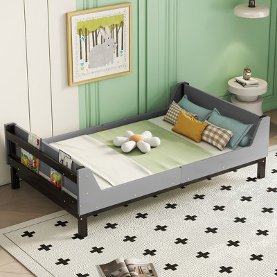 Twin Size Platform Bed with Built-in Bed-end Book Storage Rack, Headboard, Footboard and Safeguard Boards-ModernLuxe