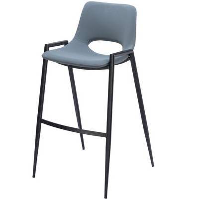 HomeRoots Set of Two 30" Blue And Black Faux Leather And Steel Low Back Bar Height Bar Chairs