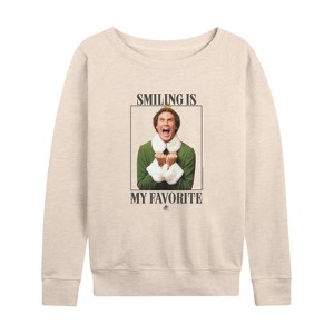 Women's - ELF - Christmas Smile Lightweight French Terry Wide Neck Long Sleeve Shirt - 1 of 4