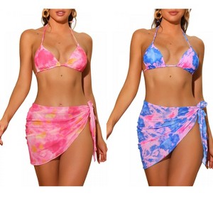 INSPIRE CHIC Women's Dye Halter Tie Triangle Swimsuits with Sarong Cover Ups Beach Skirt Bikini 2 Set - 1 of 4