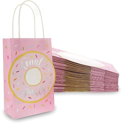 24-Pack Donut Party Favor Bags, Pink Paper Bag with Handle for Kids Birthday Party Treats, Candy, Goodie Bag Toy Fillers and Stuffers, 9"