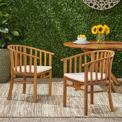 Set Of 2 Outdoor Acacia Wooden Dining Chairs With Cushions,Open Backrest Armrests Chair,Patio Accent Chair For Kitchen Garden-Coolbibila