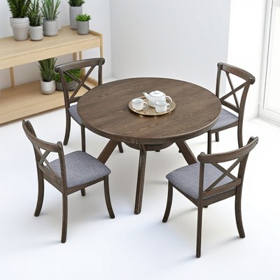 Mid-Century Modern 5-Piece Round Dining Table Set, Rubber Wood Kitchen Table with 4 Upholstered Cross-Back Chairs for Small Spaces or Dining Room