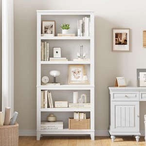 71" Tall Bookshelf, 5-Tier Wooden Bookcase with 3 Adjustable Shelves, Floor Standing Display Storage Shelves for Home Office, Living Room, White - 1 of 4