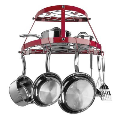 Red Enameled Double Shelf Wall Mounted Pot Rack