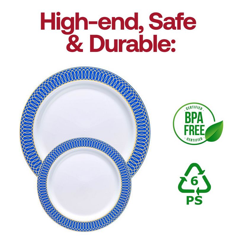 Smarty Had A Party 10.25" White with Gold Spiral on Blue Rim Plastic Dinner Plates (120 plates), 4 of 7