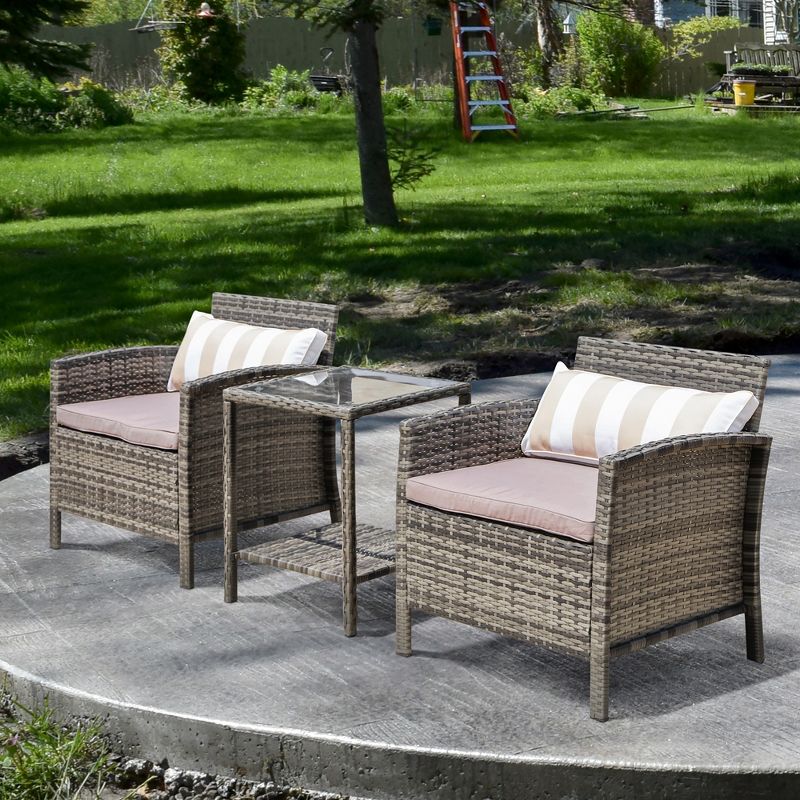 Outsunny 3 Pcs Rattan Wicker Bistro Set with Soft Cushions, Outdoor Conversation Coffee Sets with Glass Table Top and Open Storage Shelf for Patio, Backyard, Garden, 3 of 8