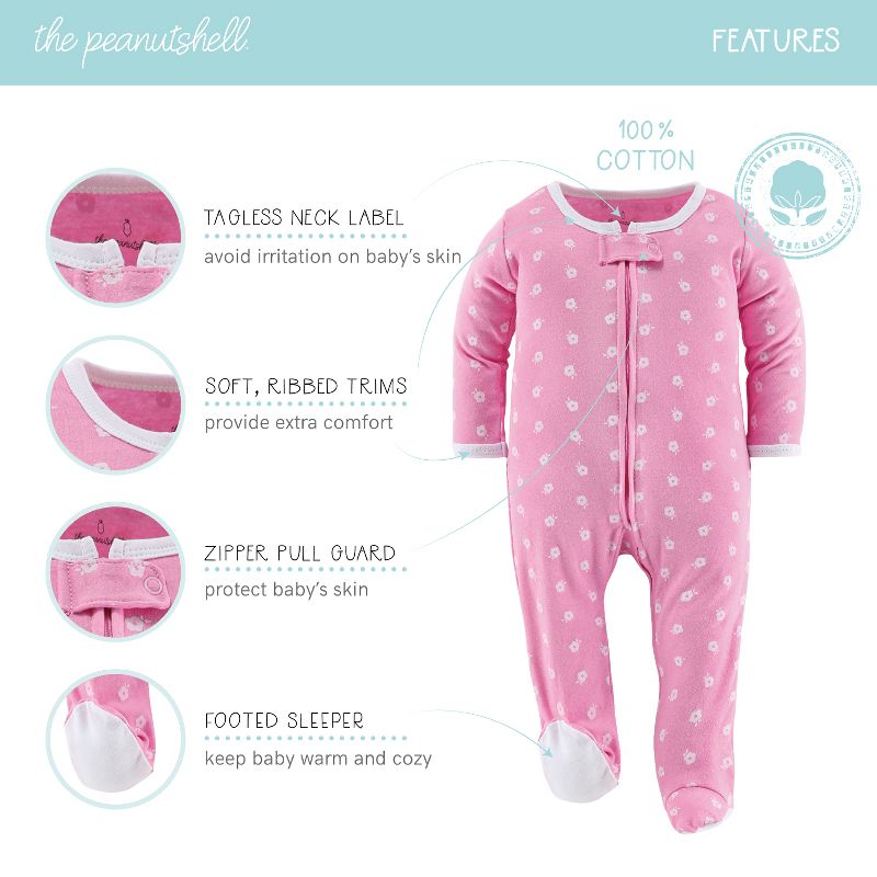 The Peanutshell Floral Love Footed Baby Sleepers for Girls, 3-Pack, Newborn to 9 Months, 3 of 8