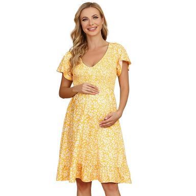 Womens Maternity Dress Ruffled Shirred Dress Floral Sundress with Flutter  Cap Sleeve V Neck Flowy Midi Dress Flowy Dress,small yellow flowers - 2XL :  Target
