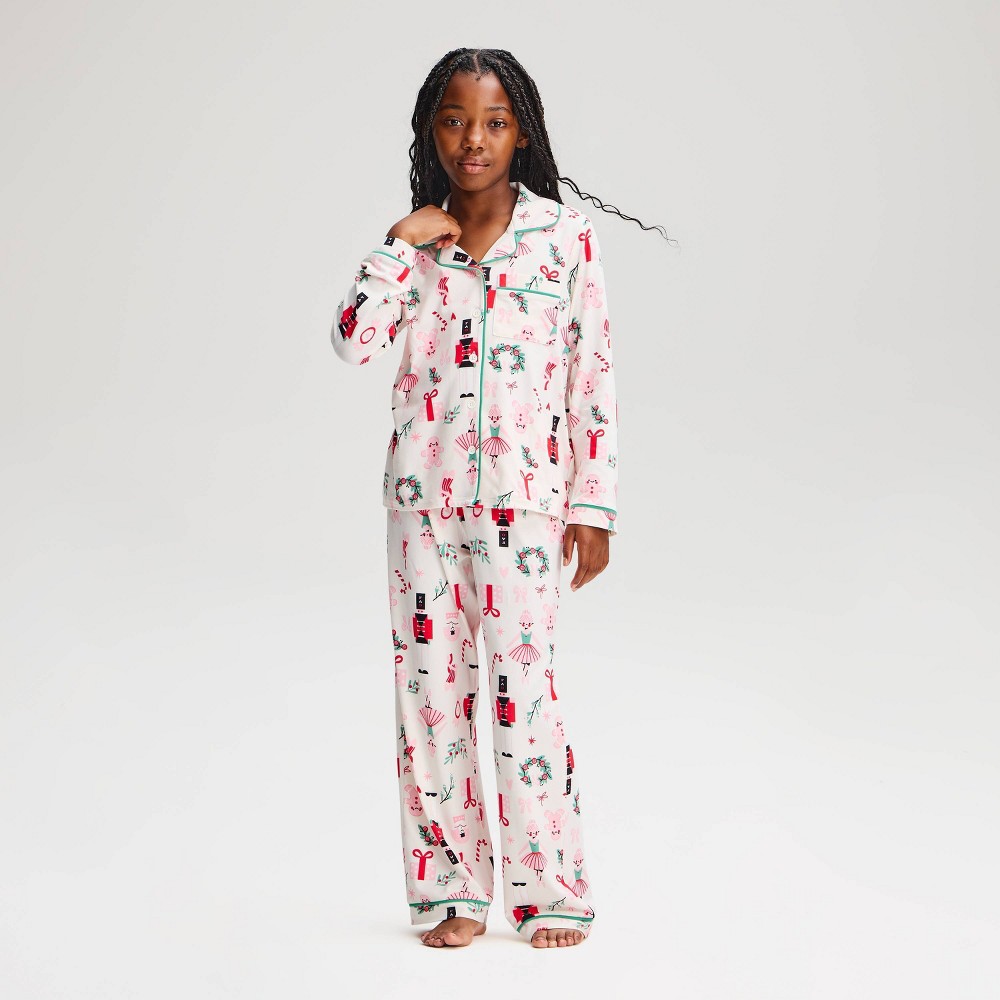 Mad Engine Girls' Nutcracker Holiday Long Sleeve Button-Down 2pc Pajama Set - White S