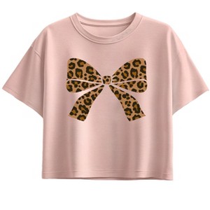 Girls' - Instant Message - Leopard Print Bow Short Sleeve Boxy Graphic T-Shirt - 1 of 2