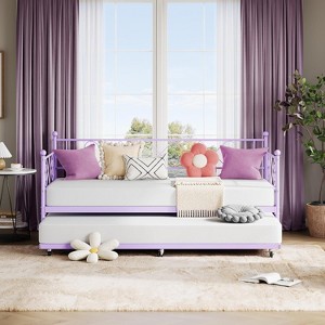 Metal Twin Daybed with Trundle, Heart Design Headboard, Space-Saving Steel Frame, Sturdy Slat Support, Ideal for Bedroom, Easy to Assemble - 1 of 4