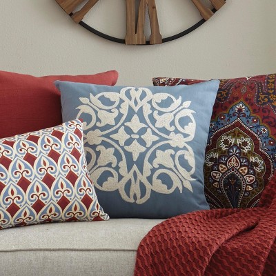 Tangier Blue and White Cotton Embroidered Pillow Cover 18"