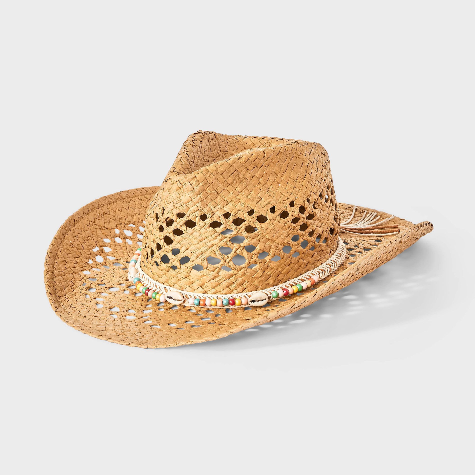 Straw Open Weave with Beaded Shell Band Detail Western Hat - Wild Fable™ Natural One Size Fits Most