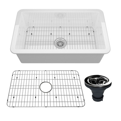 CASAINC 32 Inch Glossy Fireclay Undermount Single Bowl Kitchen Sink with Grid and Drainer