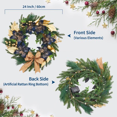 24" Christmas Wreath for Front Door, Pre-Lit Christmas Door Wreath with Bows & Ball Ornaments, Winter Porch Decorative Wreath for Indoor Outside