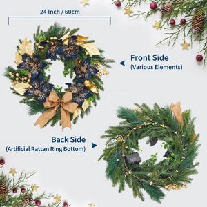 24" Christmas Wreath for Front Door, Pre-Lit Christmas Door Wreath with Bows & Ball Ornaments, Winter Porch Decorative Wreath for Indoor Outside - 1 of 4