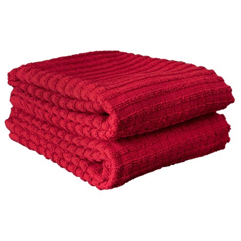 RITZ T-fal Red Solid and Stripe Cotton Waffle Terry Kitchen Towel