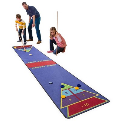 HearthSong Shuffle Zone Shuffleboard Family Game with Carpet Mat, Wooden Cues and Wooden Pucks