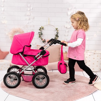 Hot Pink Adjustable Handle Doll Pram with Shoulder Bag
