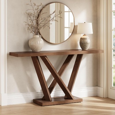 Tribesigns 63"Console Table with Geometric Base, Narrow Wood Sofa Table Behind for Hallway, Foyer, Living Room, Dark Brown
