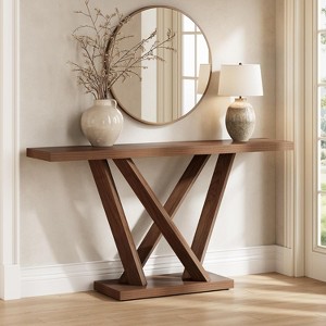 Tribesigns 63"Console Table with Geometric Base, Narrow Wood Sofa Table Behind for Hallway, Foyer, Living Room, Dark Brown - 1 of 4