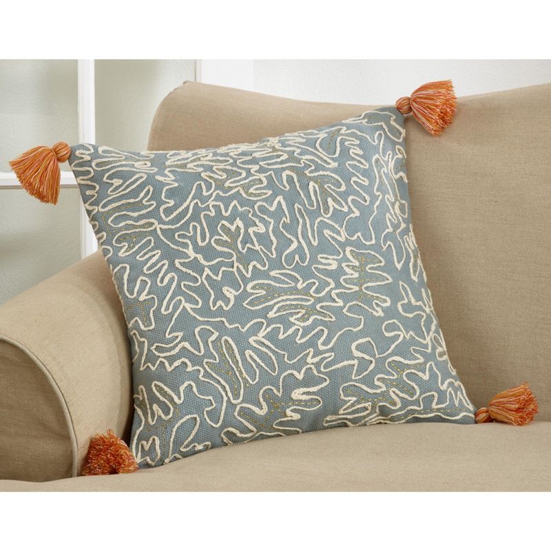 Saro Lifestyle Tasseled Doodle Pillow - Down Filled, 22" Square, Duck Egg Blue, 3 of 4