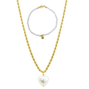 Adornia Gold 2-PIECE Heart Pearl Bracelet and Necklace HOLIDAY Set - 1 of 4