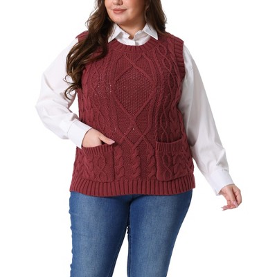 Women's Plus Size Knitted Crew Neck Sleeveless Casual Sweater Vest with Pocket - Agnes Orinda