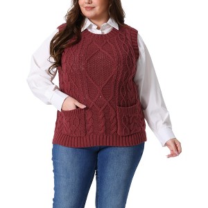 Women's Plus Size Knitted Crew Neck Sleeveless Casual Sweater Vest with Pocket - Agnes Orinda - 1 of 4