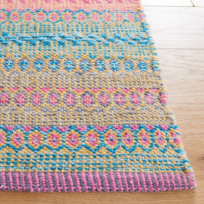 Handwoven Pink and Blue Wool Cotton 6' x 9' Area Rug