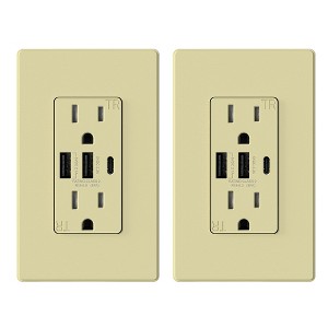 ELEGRP 30-Watt 15 Amp 3-Port Type C and Dual Type A USB Duplex USB Wall Outlet, Wall Plate Included, Black (2-Pack) - 1 of 1
