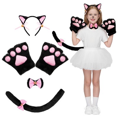 Joyfy 5 Pcs Kitty Cat Halloween Costume Accessory Set for Adult with Cat Ears Headband, Paws Gloves, Bow Tie, Tail, Cosplay Dress Up Party