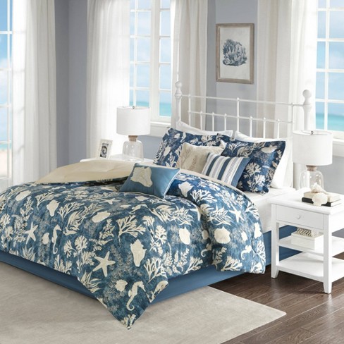 Aqua Blue Ocean & Beach Cotton Sateen Duvet Cover, Art Printed Quilt Cover  for Coastal Bedroom, Summer Home Comforter Cover 