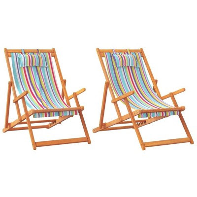 vidaXL Multicolor Fabric Folding Beach Chairs - Solid Eucalyptus Frame, 3 Recline Positions, Portable Outdoor Seating