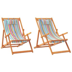 vidaXL Multicolor Fabric Folding Beach Chairs - Solid Eucalyptus Frame, 3 Recline Positions, Portable Outdoor Seating - 1 of 4
