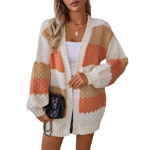 Women's Long Sleeve Color Block Chunky Cable Knitted Oversized Sweater Cardigans for Women - 1 of 4