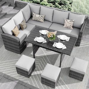 7 Pieces Outdoor Dining Set,Patio Sectional Sofa Conversation Set All Weather Wicker Rattan Couch Dining Table & Chair - 1 of 4