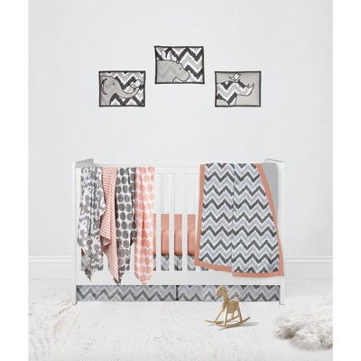 Bacati - Ikat Dots Stripes Coral Grey Muslin Girls 10 pc Crib Set with wall hangings & Mobile