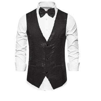Lars Amadeus Men's Sequin Shiny Sleeveless Party Prom Dress Suit Vest with Bow Tie