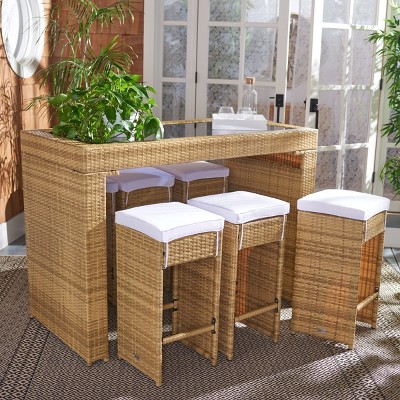 Natural Wicker 7-Piece Outdoor Dining Set with White Cushions