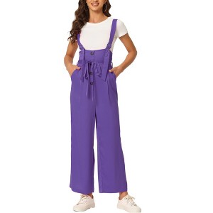 Allegra K Women's High Waist Wide Leg Belted Button Long Overalls Jumpsuit - 1 of 4