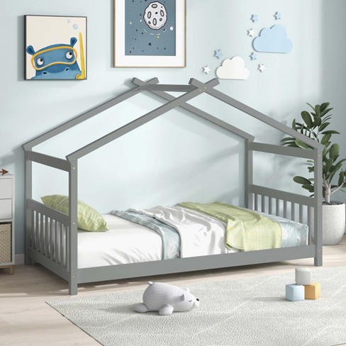 Costway Twin Size House Bed with Roof Wooden Low Floor Bed No Box Spring  Needed Grey