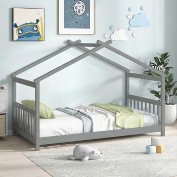 Costway Twin Size House Bed with Roof Wooden Low Floor Bed No Box Spring Needed Grey