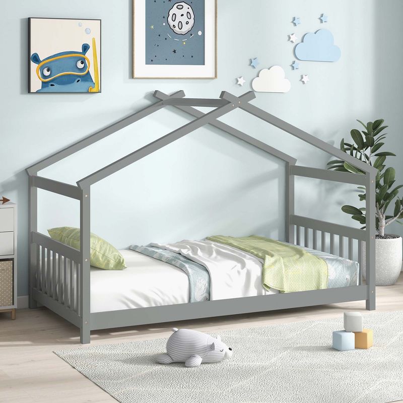 Costway Twin Size House Bed with Roof Wooden Low Floor Bed No Box Spring Needed Grey, 1 of 10