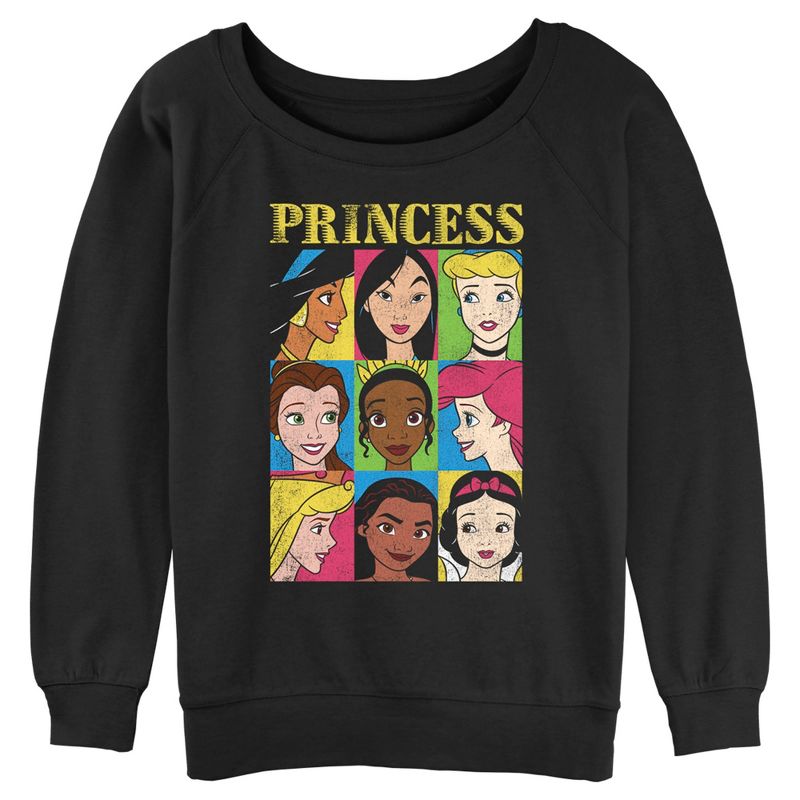 Juniors Womens Disney Princess Distressed Close-Up Poster Sweatshirt, 1 of 5
