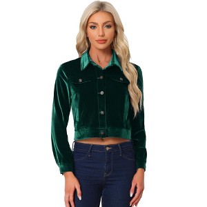 Allegra K Women's Cropped Velvet Retro Button Up Slash Pockets Old Fashion Casual Jackets - 1 of 4