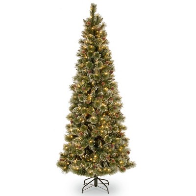 7ft National Tree Company Glittering Pine Pencil Slim Hinged Tree Clear Lights & PowerConnect