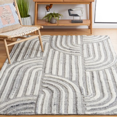 Gray and Ivory Wool Cotton Handmade Rectangular Area Rug 4' x 6'